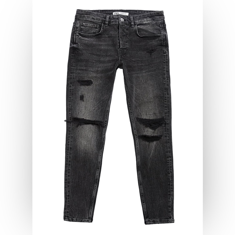 Zara men’s super skinny ripped black denim jeans size 36 like new used condition
